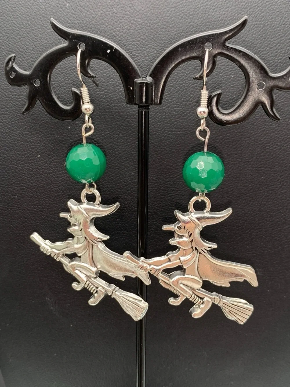 Halloween Silver tone Witch on Broom Dangle Earrings